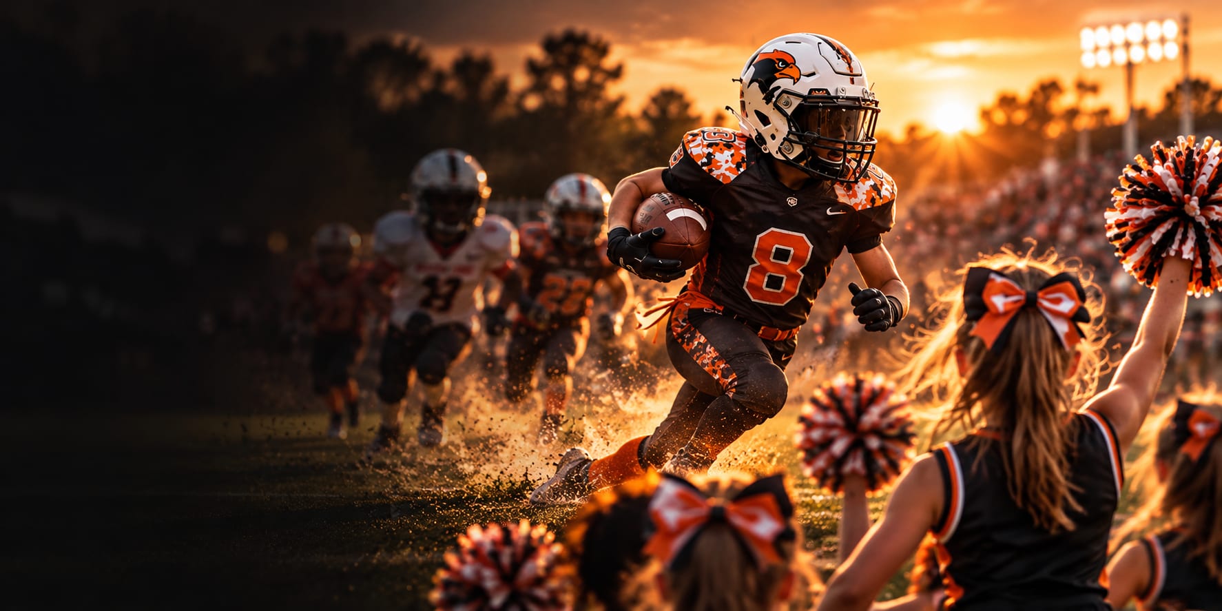 A Little Eagle football player in uniform carrying the ball, with cheerleaders holding orange and black pom-poms to his right under a warm evening sky.
